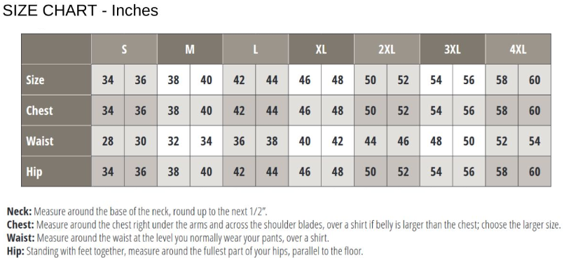 2024 Orange Shirt adult sizing chart.