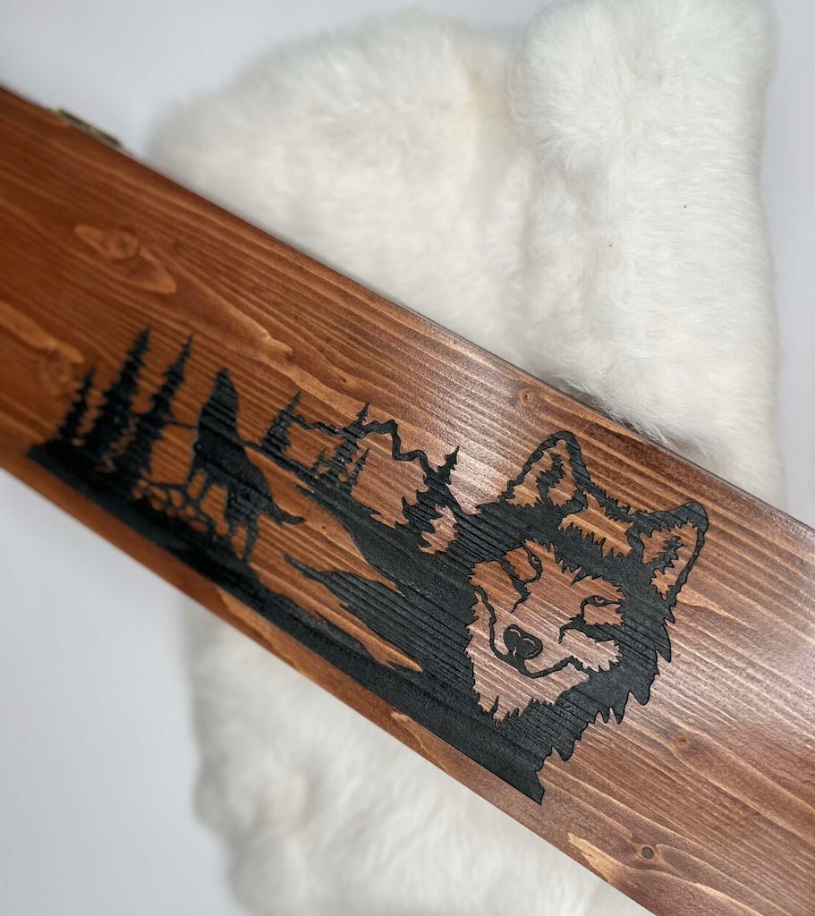 Wooden Feather Carrier (E) - Wolf Scene