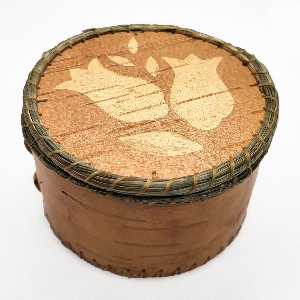 Birch Bark Basket 3"- Etched 2 Bell Flowers with Leaves