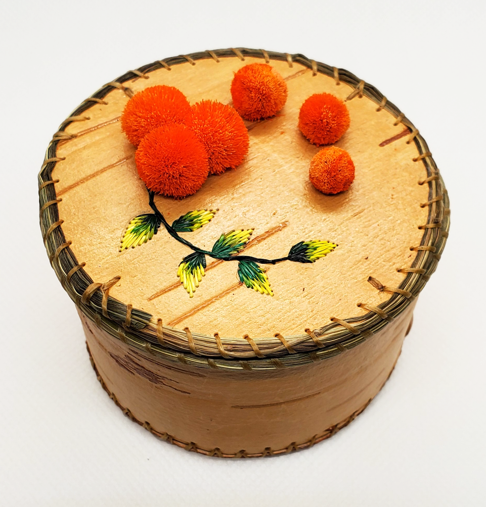 Birch Bark Basket 3" - Moose Hair Embroidery & Orange Caribou-Tufted Flowers