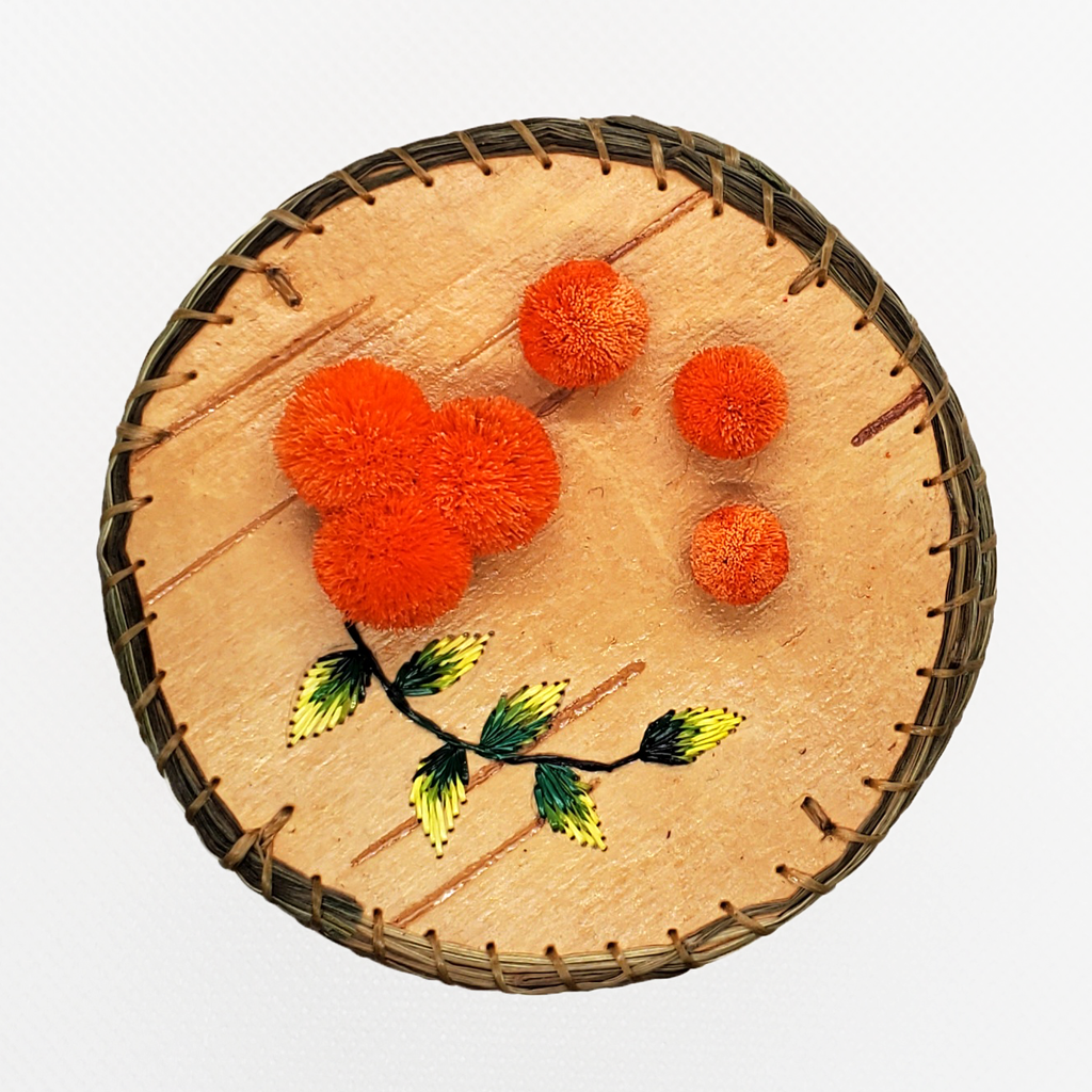 Birch Bark Basket 3" - Moose Hair Embroidery & Orange Caribou-Tufted Flowers