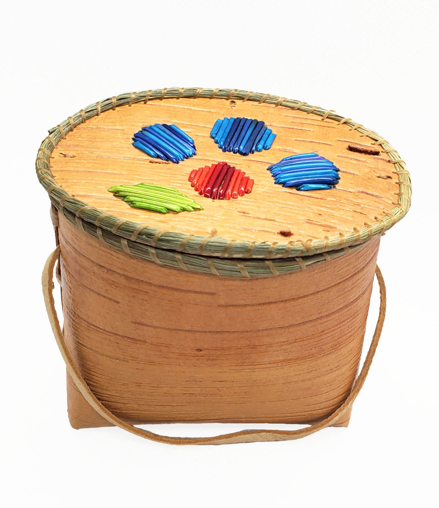 Birch Bark Basket 3.5"- Blue & Red Quilled Flower (Oval)