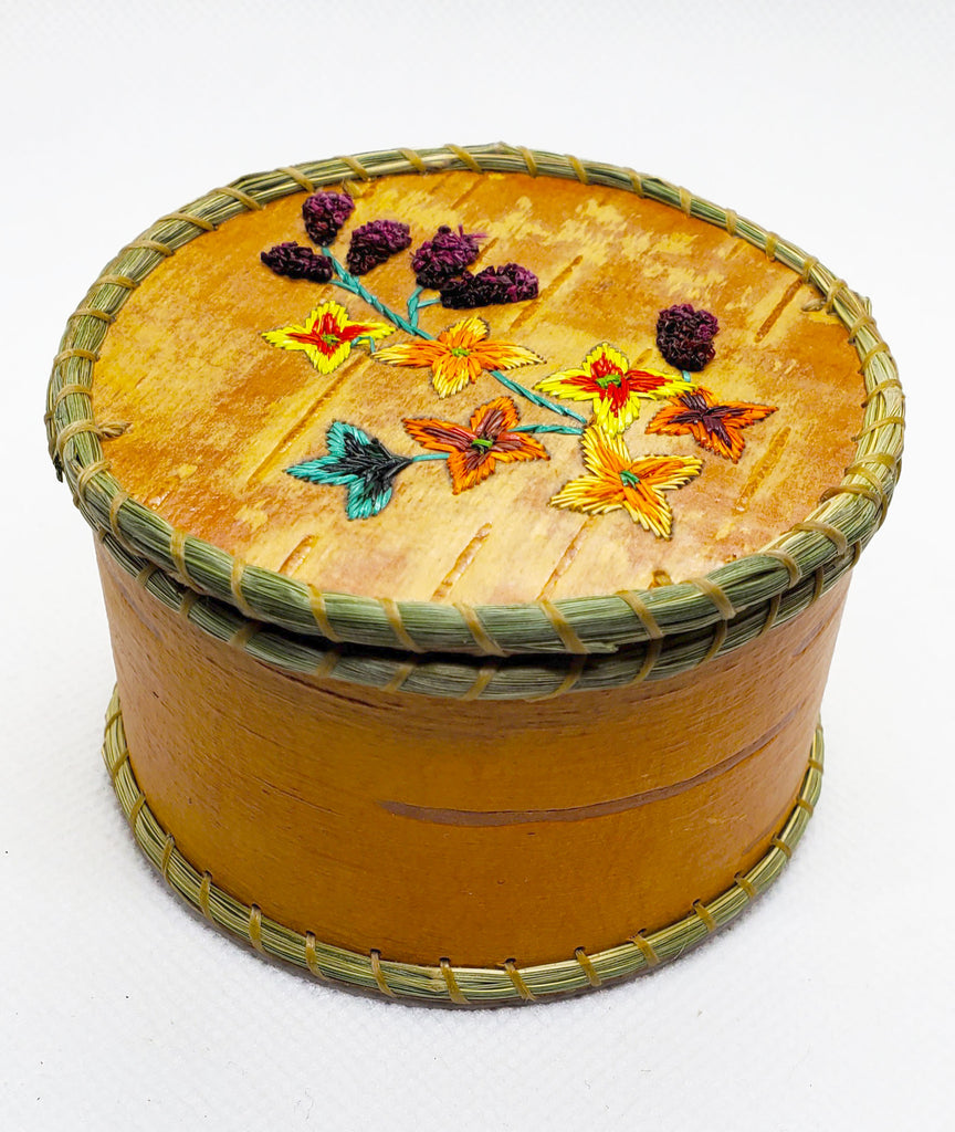 Birch Bark Basket 3" with Moose hair embroidery - Orange & Yellow Flowers