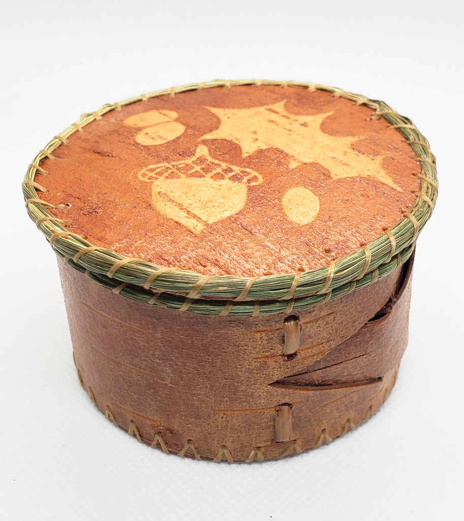 Birch Bark Basket 3"- Etched Oak Nut & Leaf
