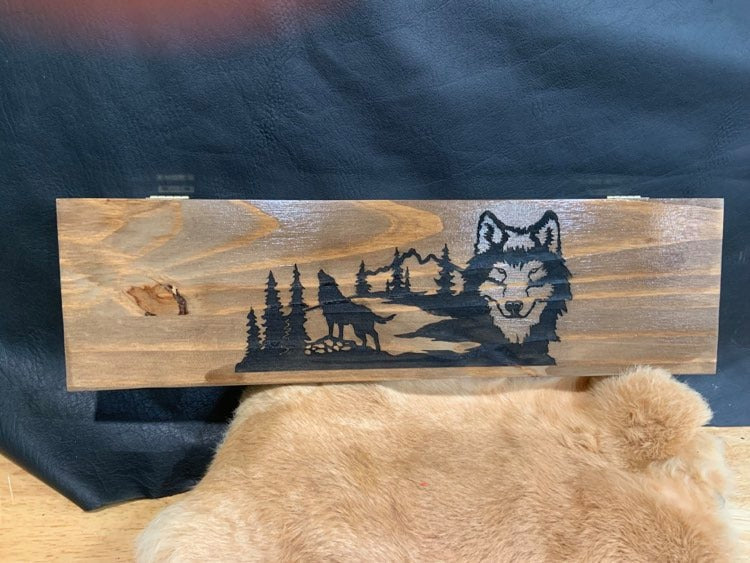 Wooden Feather Carrier (E) - Wolf Scene