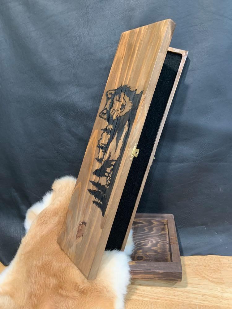 Wooden Feather Carrier (E) - Wolf Scene