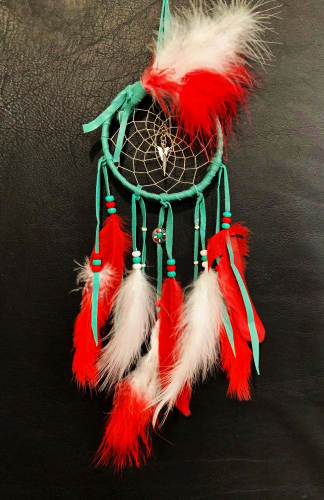 Dream Catcher - Turquoise Leather and Red (5")