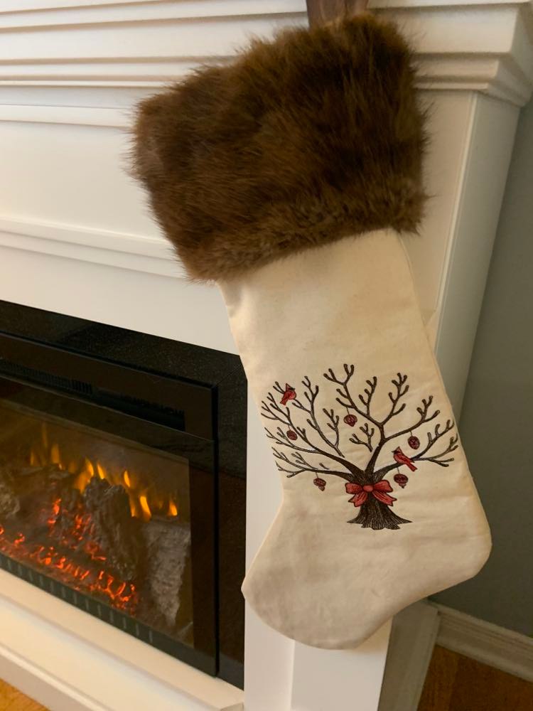 Cloth Christmas Stocking - Tree with Bow & Cardinals/Fur