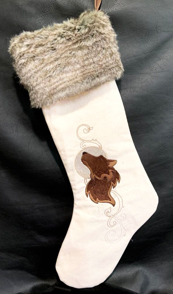 Embroidered Christmas Stocking - Wolf Howling